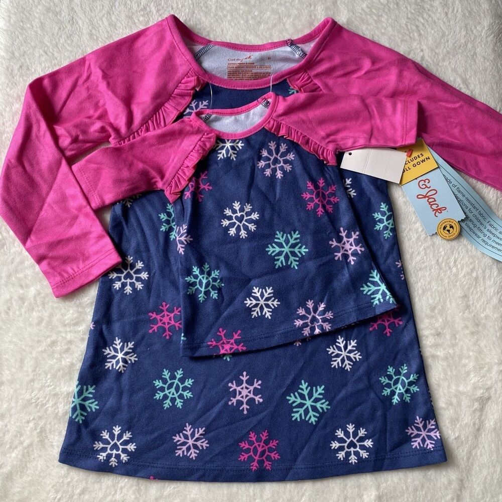 NWT Cat & Jack Girls Doll and Me Nightgown Pajama Dress Set Snowflake 2T 24M